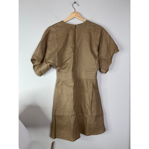NWT Reformation Ty Button-Embellished Linen Kimono Sleeve Mini Dress Khaki - Picture 8 of 9